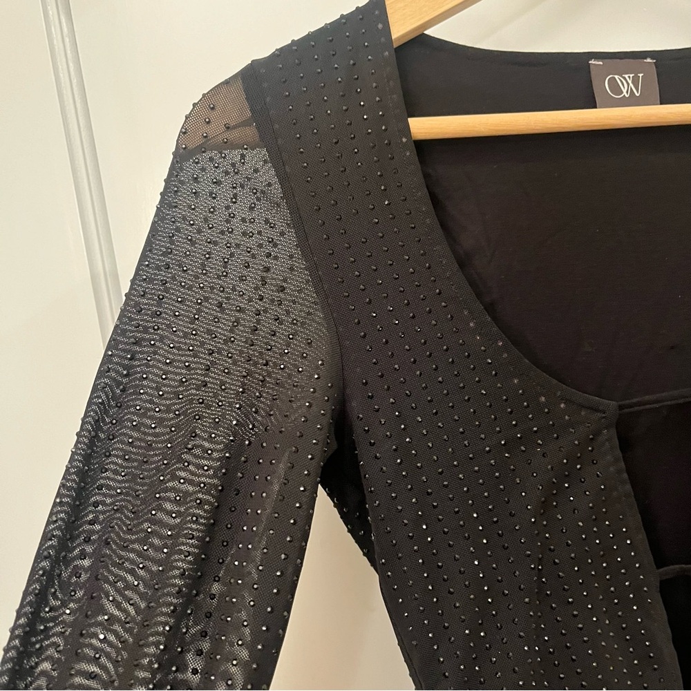 OW Collection Black Sparkly Rhinestone Studded Mesh Cutout Bodysuit - Picture 5 of 9